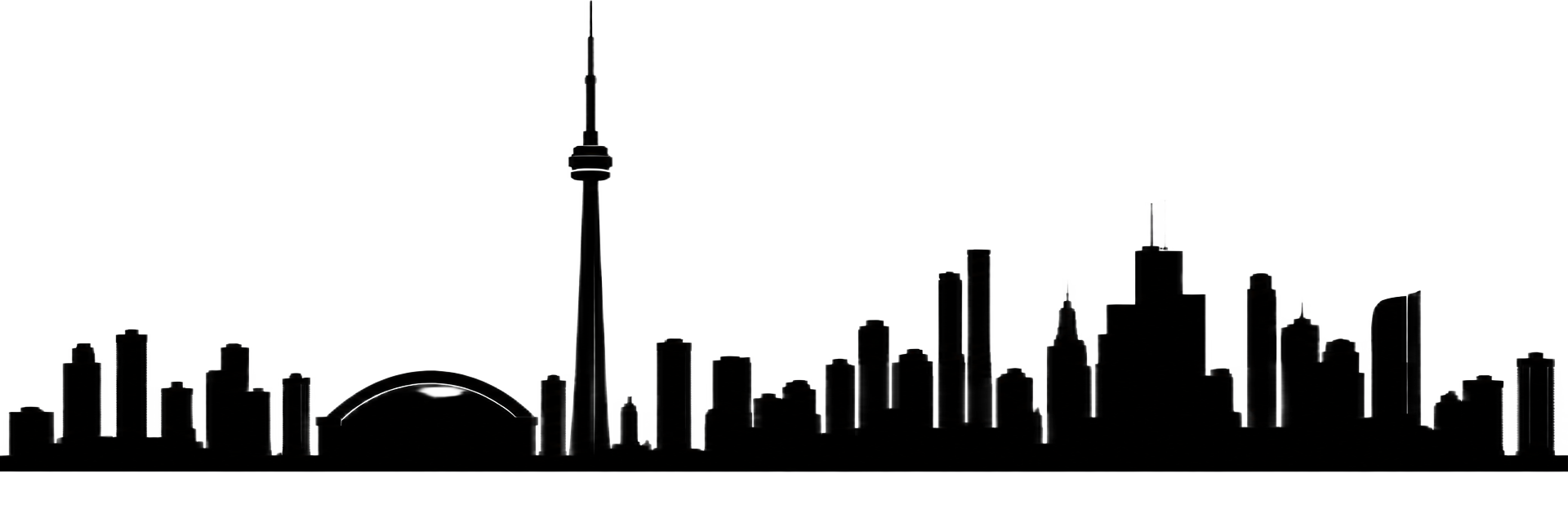 Black silhouette of the Toronto skyline, including the CN Tower